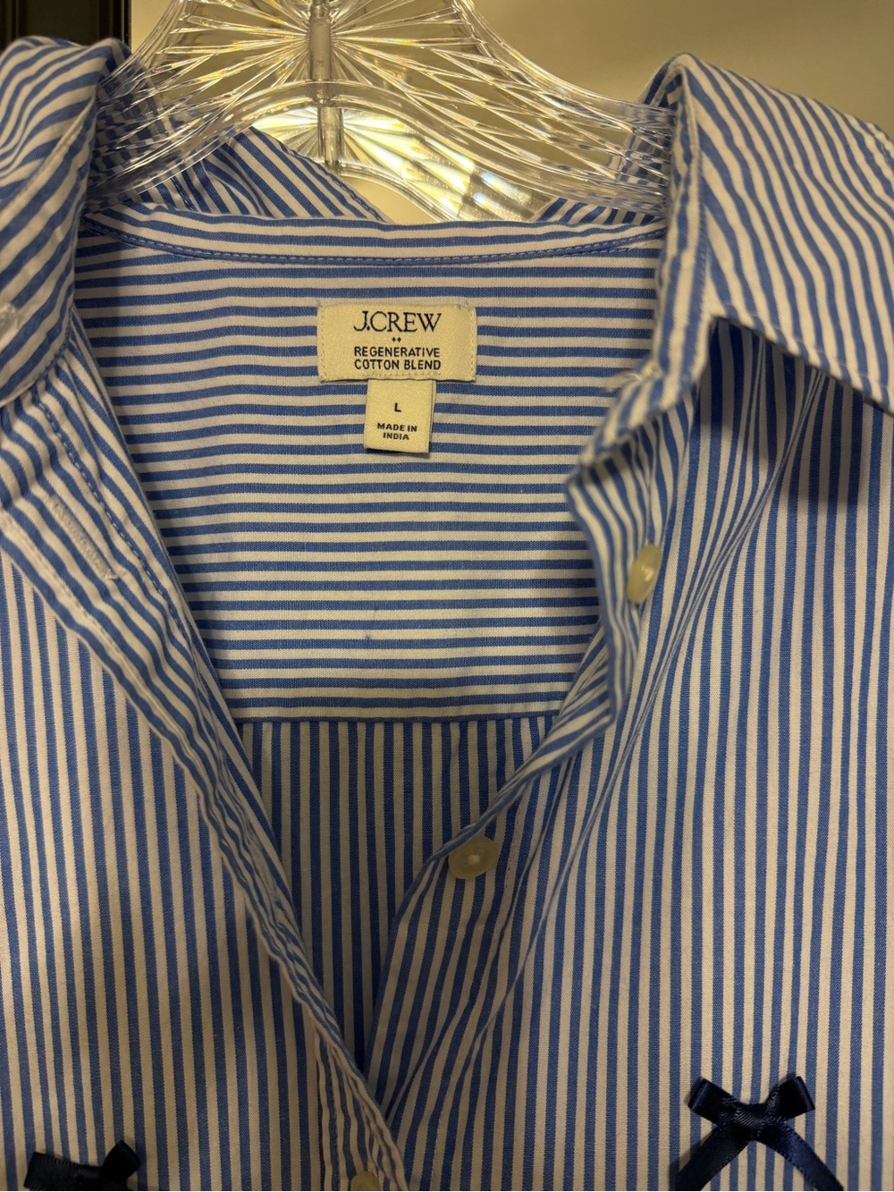 J. Crew Blue & White Striped Button-Down Shirt with Navy Bow Accents - Picture 2 of 3